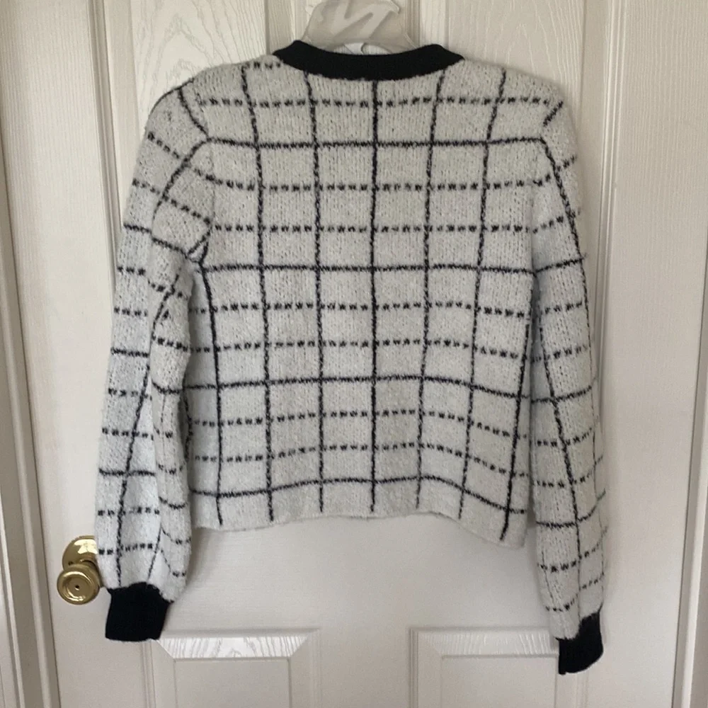 “Express” Chic plaid white/black sweater jacket with novelty buttons; XS; NWOT